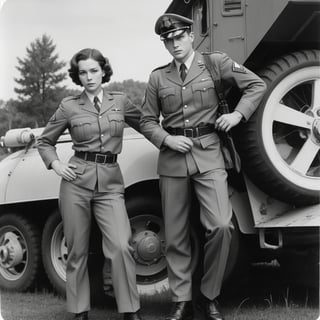 World war 2 photo of a  movie actress with a rugged looking soldier. Monochrome.