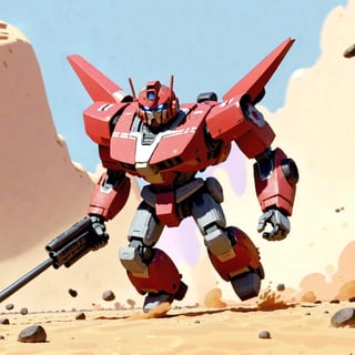 A red mech warrior transformer charges through the chaos of a battlefield in the desert,