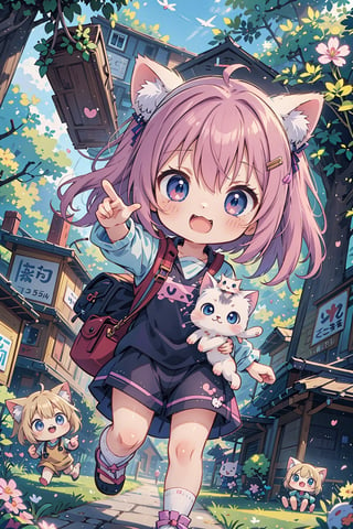 ((anime chibi style)), cute looking kitten with adorable eyes in the park, dynamic angle, depth of field,1girl