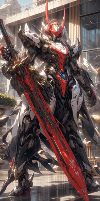 solo, red eyes, holding, weapon, wings, holding weapon, gun, no humans, glowing, halo, robot, building, holding gun, mecha, science fiction, mechanical wings