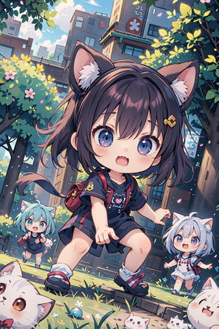 ((anime chibi style)), cute looking kitten with adorable eyes in the park, dynamic angle, depth of field,1girl