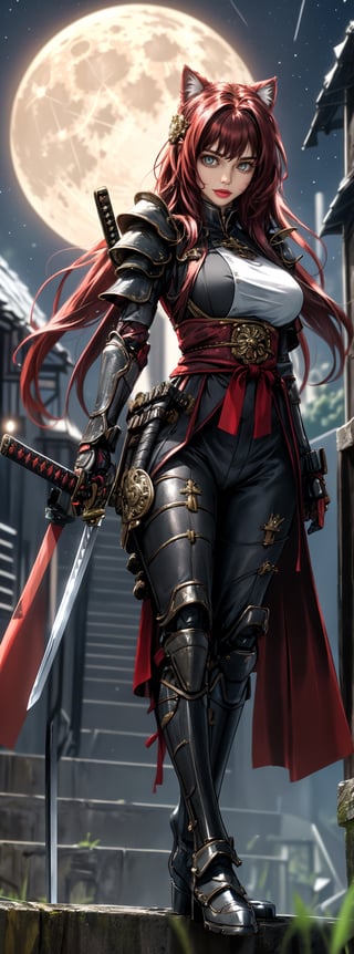 A beautiful 23-year-old japanese female samurai, she has glowing red eyes and long red hair, stunning, natural big breasts, perfect figure and thighs, wearing a full set of Japanese samurai armor, gloves, arm armor, shoulder armor, Japanese clothing, Wearing a helmet and holding a katana in a fighting posture, he stood majestically in front of a Japanese-style building (the night sky in the background is a huge bright moon).,xxmix_girl,1 girl,battoujutsu,married woman,A MILF,holding sword,Anitoon,oda non,samurai,