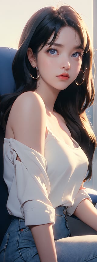 A beautiful Korean girl, wearing a white shirt, one shoulder, sitting on an office chair, holding her cheek with one hand, black super long hair, clear hair, tired expression, looking at the camera lazily, super wide angle, backlight, Light and dark effects, realistic style,