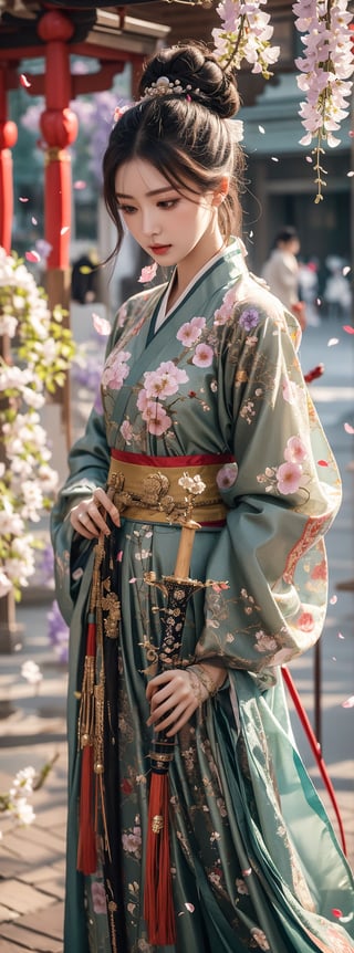 1girl, solo, long hair, looking at viewer, black hair, hair ornament, long sleeves, dress, holding, weapon, flower, sword, wide sleeves, water, hair bun, holding weapon, sash, petals, holding sword, chinese clothes, single hair bun, falling petals, hanfu, wisteria,Fairy in Clouds