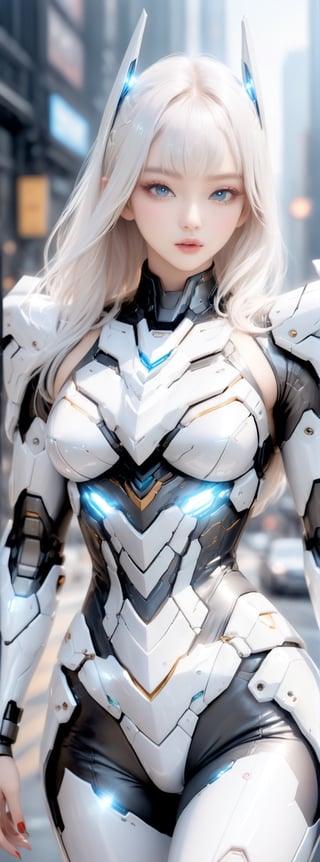 Best quality, high resolution, 8k, realistic, sharp focus, realistic image of elegant lady, Korean beauty, supermodel, pure white hair, blue eyes, wearing high-tech cyberpunk style white batgirl suit, glowing look , sparkling suit, mecha, perfectly customized high-tech suit, ice theme, custom design, 1 girl