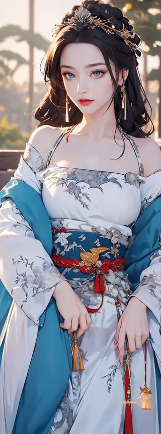 (Extremely detailed CG unified 8k wallpaper), ANCIENT_CHINESE_CASTLE_GARDEN_BACKGROUND, (((Masterpiece))), (((Best Quality))), ((Super Detailed)), (Best Illustration), (Best Shading), ( (Extremely exquisite and beautiful)), embodying the charm of ancient princesses, exuding beauty, sexiness and charm, with natural big breasts. Mesmerizing eyes convey mystery and seduction. Elegant and charming, with a slender figure and full of mystery. Off the shoulders, low cut. Ancient traditional Hanfu decorated with intricate patterns or ornate details. Seductive and elegant pose, beautyniji,ancient_beautiful,huoshen,asuka