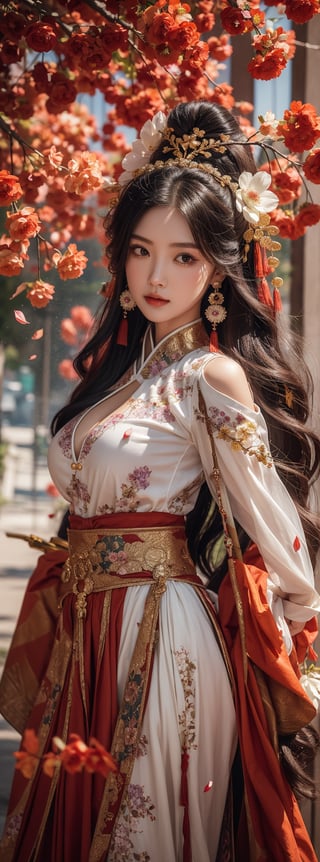 1girl, 23 year old Taiwanese beauty solo, long hair, black hair, hair ornament, natural oversize breasts, perfect body, perfect legs, dress, holding, jewelry, upper body, weapon, flower, earrings, sword, water, holding weapon, white dress, tree, petals, holding sword, chinese clothes, branch, falling petals