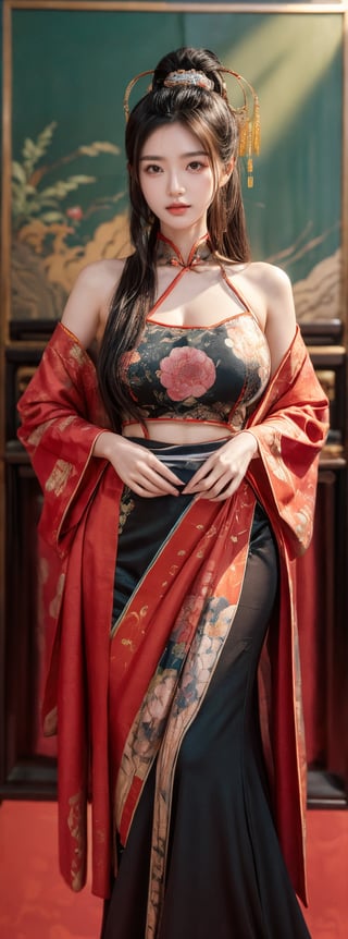 A 23-year-old Taiwanese beauty supermodel, cool and solo, with big natural breasts and long black hair, posing in a fashion model pose. Staring into the camera, the background is a soft Chinese color painting.