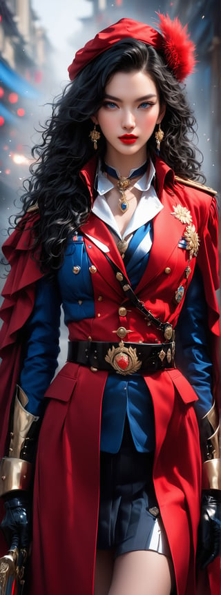 23-year-old Taiwanese beauty, supermodel, solo, cool, long black curly hair, looking at the viewer, blue eyes, long sleeves, shut up, red lips, standing, coat, weapons, gorgeous earrings, belt, matching sword, white Gloves, hats, double-breasted uniforms, uniforms, collars, medals, medal belts, epaulettes, epaulette tassels, commander's cloaks, banquet halls