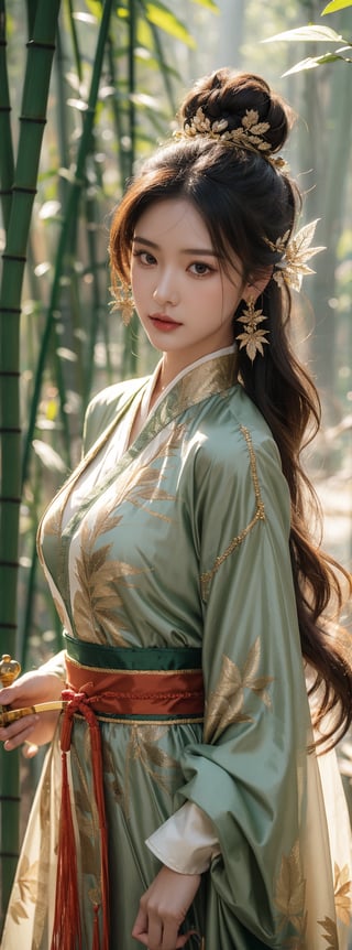 1girl, solo, long hair, looking at viewer, black hair, hair ornament, long sleeves, dress, holding, jewelry, upper body, weapon, earrings, sword, hair bun, holding weapon, sash, leaf, facial mark, holding sword, chinese clothes, single hair bun, nature, forest, forehead mark, bamboo, falling leaves, bamboo forest,Fairy in Clouds