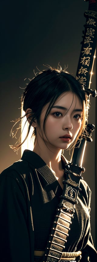 1girl is standing in a dark and mysterious environment.(((hang Beautiful, delicate and perfectly curved Japanese samurai katana  sword))) The scene is lit by a single light source, creating a sense of tension and suspense. The character is wearing a suit and tie, and their face is obscured by shadows. The image is rendered in high detail, with realistic textures and materials. The overall effect is a visually stunning and thought-provoking image that is sure to keep viewers engaged. cool, portrait, nodf_lora, mecha, makima,1 girl