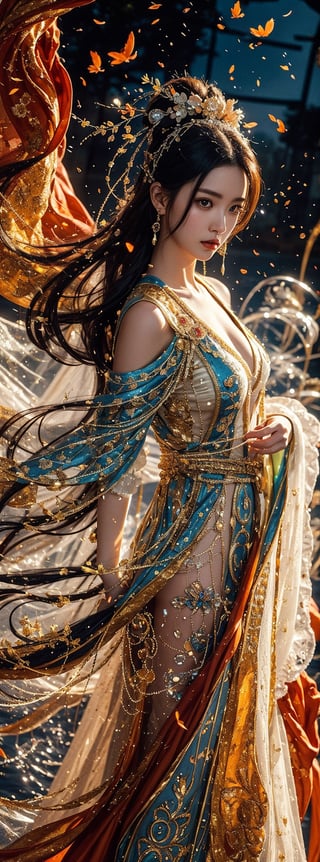 The dark night is azure, with a small amount of smoke, and the water reflects the moonlight. A 23 year old Taiwanese beauty stood on the water and waved a sword, with an arc-shaped energy trajectory surrounding the sword. Cold and glamorous, exposed shoulders, natural oversize breasts, soaked long hair, white soaked deep-V sheer thin clothes, with a huge blue moon in the background, the style is a live-action movie photo.,Fairy in Clouds, (1girl: 1.4), (original, best quality), (real, photo: 1.1), best quality, masterpiece, beauty and aesthetics, 16K, (HDR : 1.2), High Contrast, (Vivid Colors: 1.3), (Soft Colors, Dark Colors, Soothing Tones: 0), Cinematic Light, Ambient Light, Side Light, Fine Details and Textures, Cinematic Lenses, Warm Colors ( Bright and intense: 1.1), wide angle photography, xm887, surreal illustration, Siena's natural proportions, silver hair, dynamic pose, precise internal anatomy of the body and hand, four fingers and a thumb, 1 girl