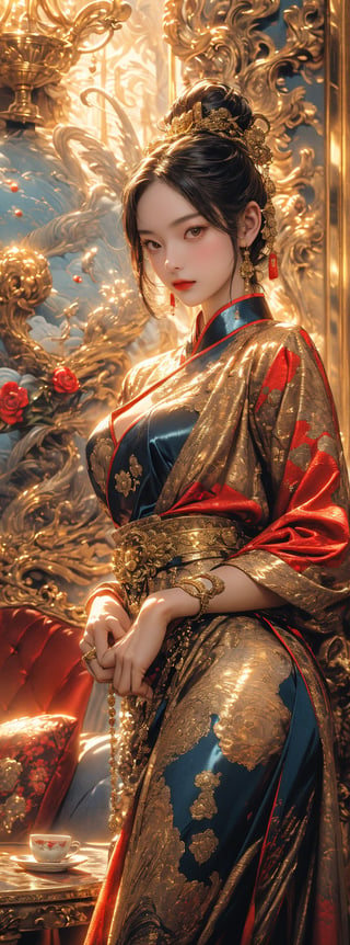 A 23-year-old Chinese beauty with an elegant and leisurely face stood in front of a gorgeous blue background and gold-edged Baroque single sofa. Her outfit is predominantly white with navy blue trim and detailed peony prints. Her perfect long legs were exposed, and there was a blue and white porcelain teapot and teacup on the table next to the chair, indicating that this was a tea party. The floor beneath her feet was littered with pearls and red beads. Directly behind the background is a gold-framed Chinese painting, with ornate interior decoration surrounding the central figure, adding to the luxurious feel of the scene. (1 Girl: 1.4), (RAW Photo, Best Quality), (Real, Photo Real: 1.1), Best Quality, Masterpiece, Beauty and Aesthetics, 16K, (HDR: 1.2), High Contrast, (Vivid Color: 1.3), (Soft Color, Dull Color, Soothing Tone: 0), Cinema Lighting, Ambient Lighting, Side Light, Fine Details and Texture, Cinema Lens, Warm Color (Bright and Intense: 1.1), Wide Angle Lens, xm887, Ultra Realistic illustrations, Shino's natural proportions, dynamic poses, accurate body and hand anatomy, four fingers and a thumb,