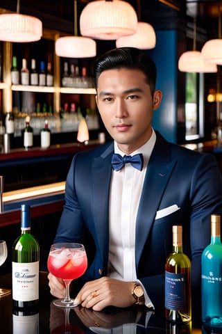 A handsome Vietnamese gentleman in a dark blue Thom Browne suit and Thom Browne white shirt is sitting at the bar, sipping a blue cocktail while the bartender mixes drinks with neon-colored wine bottles in the background. The photo is hyper-realistic.