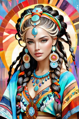 Create a photo of a stylized female figure with an artistic, bohemian vibe. She has long, voluminous dreadlocks adorned with vibrant bands and tribal ornaments. Her pose is dynamic and graceful, with one hand lifting her hair, emphasizing the movement and the flow of her locks. Her clothing is a patchwork of rich, saturated colors with intricate patterns, resembling a mosaic of various ethnic textiles and prints. The fabrics look soft and fluid, suggesting motion. Her skin is painted with delicate tribal markings, enhancing her mystical appearance. The background is a textured canvas with splashes of paint and abstract elements that complement the color palette of her attire. It should evoke a sense of freedom and creativity, a blend of traditional artistry with a modern, expressive twist., holographic shimmer, ethereal glow, bioluminescence, celestial realm, transcendent world, surreal and breathtaking. By Skyrn99, divine proportion, ((rule of thirds)), bokeh, high quality, detailed