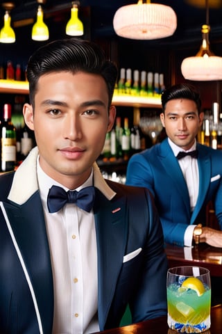 In the photo, we can see a good-looking Vietnamese man dressed in a dark blue Thom Browne suit and white Thom Browne shirt. He is sitting at the bar and enjoying a blue cocktail while the bartender in the background is mixing drinks using neon-colored wine bottles. The photo looks hyper-realistic.