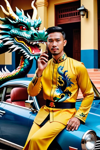 A stylish Vietnamese man sits on a car wearing a traditional ao dai dress, holding a cigar and smartphone. In the background, dragon paintings are visible. This photo is from the R4W exhibition.The man exudes an air of confidence and sophistication as he effortlessly combines traditional and modern elements in his attire and accessories. The vibrant dragon paintings in the background add a touch of cultural richness to the scene, creating a captivating juxtaposition of old and new. This captivating photograph captures the essence of Vietnamese style and heritage, showcasing the fusion of tradition and contemporary influences.,aesthetic portrait, cinematic moviemaker style,H effect,ral-polygon