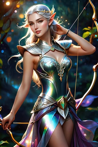  remarkable and vivid depiction evoking both awe and melancholy, this image captures the essence of a high elven archer. intricately decorated outfit, short skirt, playful body manipulations, divine proportion, non-douche smile, gaze into the camera, it showcases the lady's ethereal beauty, her luminous silver hair cascading in gentle waves, adorned with delicate pearls that shimmer like stars in the night sky. holographic shimmer, Whimsical lighting, Enchanted ambiance, Soft textures, Imaginative artwork, Ethereal glow, Silent Luminescence, Whispering Silent, Iridescent Encounter, vibrant background, by Skyrn99, full body, (((rule of thirds))), high quality, high detail, high resolution, (bokeh), backlight, long exposure:2