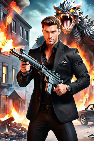 A handsome man with black blazer, holding a machine gun, firing at Giant Monster. Street in fire, moonlight high