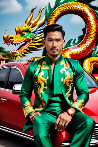 A stylish Vietnamese man is seated on a car, adorned in a traditional ao dai dress, while holding a cigar and smartphone. In the backdrop, dragon paintings are prominently displayed. This photo is from the R4W exhibition. The man exudes confidence and sophistication as he seamlessly blends traditional and modern elements in his attire and accessories. The vibrant dragon paintings in the background add a touch of cultural richness to the scene, creating a captivating juxtaposition of old and new. This compelling photograph encapsulates the essence of Vietnamese style and heritage, showcasing the fusion of tradition and contemporary influences.