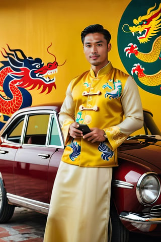 A stylish Vietnamese man is leaning on a car, adorned in a traditional ao dai dress, while holding a cigar and smartphone. In the backdrop, dragon paintings are prominently displayed. This photo is from the R4W exhibition. The man exudes confidence and sophistication as he seamlessly blends traditional and modern elements in his attire and accessories. The vibrant dragon paintings in the background add a touch of cultural richness to the scene, creating a captivating juxtaposition of old and new. This compelling photograph encapsulates the essence of Vietnamese style and heritage, showcasing the fusion of tradition and contemporary influences.,studio lighting