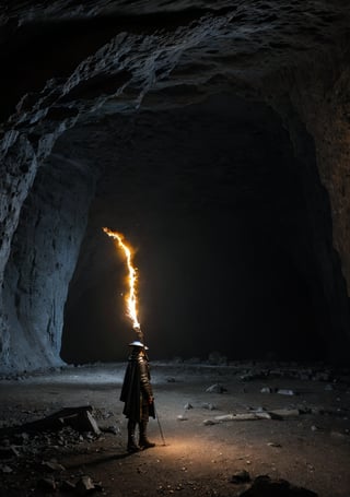 dark cave, Riesending, panorama view, super wide angle, closed, no sky, round ceiling, darkness, A gaunt, thin man with a hard, solo, closed face, old glasses and tattered used shoulder bags, leather shirt, leather belt, leather cape, west and clothes and steampunk boots, astonished, overwhelmed, stunned, amazed, impressed, stands at the edge of a huge cave, a torch, which can only illuminate the front of the huge cave, the background is completely black and far away, an old treasure map,