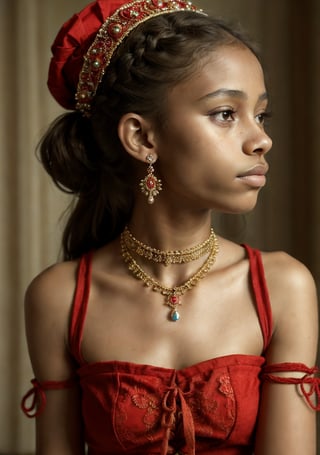 emo princess, face close-up, looking at the viewer, makro zoom, profile view, mayan skirt, big ornaments, red wrap belt, Tami Williams,  dark skin, big lips, age 14, french braid, skinny, red turban, whole body, intricated, 
she wears 10 necklaces and two earrings. On the wrists 5 bangles, lace up shoes, 4 bangles on upper arm, 5 fingers
