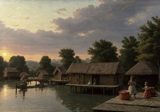 A Bronze Age pile-dwelling wooden settlement in the lake, wooden huts, 6000 bc, small wooden jetties, fishing nets, small dugout boats, some children playing on the jetties, woman doing the laundry, palisade fence, zoom, silent, peaceful, volumetric lighting, evening sun, painting by Caspar David Friedrich