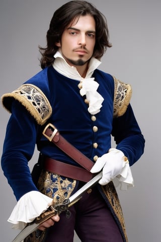 handsome french man, D'Artagnan,  the epitome of 17th-century French Musketeer fashion,  wears a deep blue,  velvet doublet adorned with elaborate gold embroidery, reflecting the opulence of the era,His white ruffled collar extends gracefully from beneath his steel cuirass,  and a burgundy sash cinches the ensemble,  bearing a silver-hilted rapier with a handguard intricately crafted in the shape of fleur-de-lis,His high leather boots feature gold trim,
,abmhandsomeguy