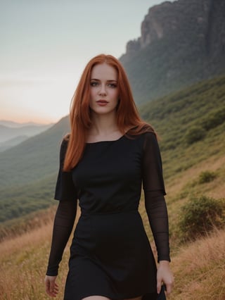 1girl, ginger hair, (straight hair, pale skin), skin details, beautiful, volumetric lighting, (cinematic shot), (raw photo, photorealistic), epiCRealism, highly detailed, bokeh, (black dress), standing, at mountain, (goddes aura), fantasy, (35mm photo), looking at the horizon, hair blowing