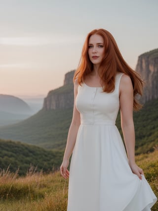 1girl, ginger hair, (straight hair, pale skin), skin details, beautiful, volumetric lighting, (cinematic shot), (raw photo, photorealistic), epiCRealism, highly detailed, bokeh, (white dress), standing, at mountain, (goddes aura), fantasy, (35mm photo), looking at the horizon, hair blowing