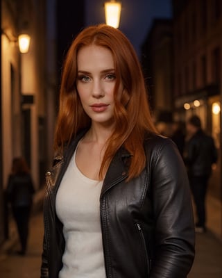 1girl, solo, ginger hair, (straigth hair, pale skin), skin details, makeup, soft lighting, (photo, realistic), epiCRealism, highly detailed, bokeh, (upper body, looking at viewer), leather jacket, night, street, (smoon:1.0)