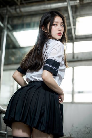 one girl, solo , full body, walking , sideway, lustful eye ,  (from_below:1.5) ,  real girl, 16 years old talk  Japanese girl , massy black hair ,  sailor black school girl uniform, very short skirts , school shoes,  Thigh High sheer lace stocking, short skirt ,shy innocent face ,  in old abandoned factory, perfect hands,  visible skin detail, skin fuzz, glossy skin, natural_lighting , Detailedface, 1 girl,  ,Detailedface