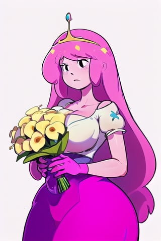 princessbubblegum, princess bubblegum, princess, masterpiece, high quality, best quality, 1girl, solo, simple white background, long hair, pink hair, pink skin, black eyes, wedding dress, tiara, golden tiara, short sleeves, huge breasts, milf, top heavy, perfect, beautiful, simple face, holding bouquet of flowers