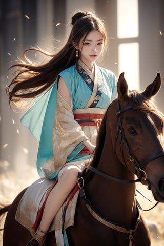background forest,foggy,flower leaves flying in the wind,
20 yo, 1 girl, beautiful girl, wearing beautiful hanfu(white transparent),cape(white transparent),riding a horse,shining bracelet, smile, solo, {beautiful and detailed eyes}, dark eyes, calm expression, natural and soft light, delicate facial features, ((model pose)), Glamor body type, (dark hair:1.2), simple tiny earrings,very_long_hair,hair past hip, bang,straight hair, big buns,flim grain, realhands, masterpiece, Best Quality, 16k, photorealistic, ultra-detailed, finely detailed, high resolution, perfect dynamic composition, beautiful detailed eyes, eye smile, ((nervous and embarrassed)), sharp-focus, full_body, sexy pose, cowboy_shot,Bomi,ancient_chinese_indoors,horse,riding,horseback_riding,Samurai girl