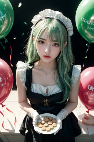 portrait, illustration, shiny hair and skin, jewelry, colorful, chromatic aberration, light particles, glowing eyes, a girl, happy, holding a plate of cookies, freshly baked, kitchen gloves, from above, green eyes, white hair, multicolored hair, maid, celebration, balloons, party, 
