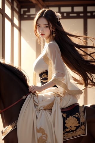 background forest,foggy,flower leaves flying in the wind,
20 yo, 1 girl, beautiful girl,big breasts,wearing beautiful hanfu(white transparent),cape(white transparent),riding a horse,shining bracelet, smile, solo, {beautiful and detailed eyes}, dark eyes, an energetic attitude, natural and soft light, delicate facial features, ((model pose)), Glamor body type, (dark hair:1.2), simple tiny earrings,very_long_hair,hair past hip, bang,straight hair, big buns,flim grain, realhands, masterpiece, Best Quality, 16k, photorealistic, ultra-detailed, finely detailed, high resolution, perfect dynamic composition, beautiful detailed eyes, eye smile,sharp-focus, full_body, sexy pose, cowboy_shot,Bomi,ancient_chinese_indoors,horse,riding,horseback_riding,Samurai girl