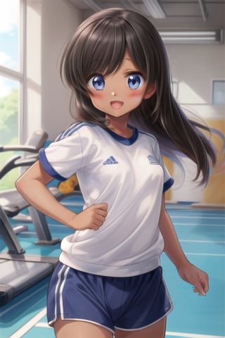 (masterpiece:1.2) , (best quality:1.2) , (ultra-detailed:1.2), 2.5D,extremely detailed,anime,schoolyard,gym shirt,gmy buruma,smile,:d,dark skin,small breasts,action