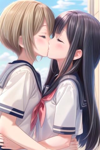 (masterpiece:1.2) , (best quality:1.2) , (ultra-detailed:1.2), 2.5D,extremely detailed,anime,schoolyard,2 girls,yuri,serafuku,(kissing),closed eyes