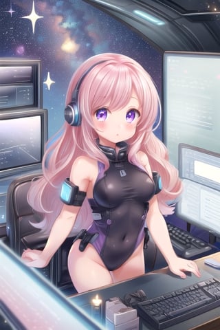 (masterpiece:1.2) , (best quality:1.2) , (ultra-detailed:1.2), 2.5D,extremely detailed,anime,light pink hair,wavy hair,shoulder length hair,BREAK,purple eyes,BREAK,Bridge of a space ship,Computer console panel,Space Leotard
