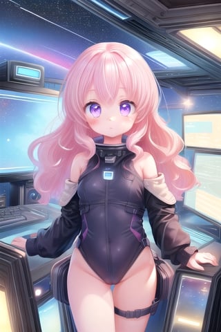 (masterpiece:1.2) , (best quality:1.2) , (ultra-detailed:1.2), 2.5D,extremely detailed,anime,light pink hair,wavy hair,shoulder length hair,BREAK,purple eyes,BREAK,Bridge of a space ship,Computer console panel,Space Leotard
