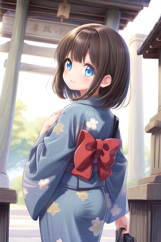 ultra-detailed,(masterpiece:1.2) , (best quality:1.2) , (ultra-detailed:1.2), 2.5D,extremely detailed,anime,dark brown hair,Medium hair,Break,blue eyes,Break,shrine,blue_yukata,smile,from behind

