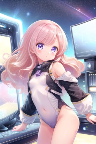 (masterpiece:1.2) , (best quality:1.2) , (ultra-detailed:1.2), 2.5D,extremely detailed,anime,light pink hair,wavy hair,shoulder length hair,BREAK,purple eyes,BREAK,Bridge of a space ship,Computer console panel,Space Leotard
