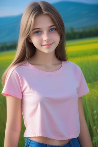 (masterpiece, best quality:1.4), (8K), Young brunette beauty, (((18 years old, neat girl))), detailed blue eyes, long eyelashes, blush, kind smile, upper body, covered large breasts, (pink t-shirt), denim short shorts, (from side), (looking at viewer), beautiful blonde hair, white-skinned, long hair, parted bangs, (huge breasts), (valley, beautiful and magnificent skyline, majestic sky), colorful natural light)