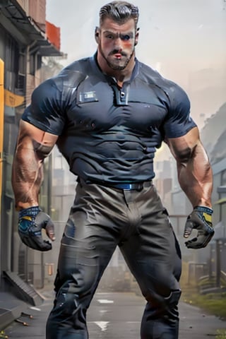 masterpiece, best quality, athletic man, gray shirt and pants with blue boots and gloves, full body, thirty years old, sharp focus, perfect and detailed composition.