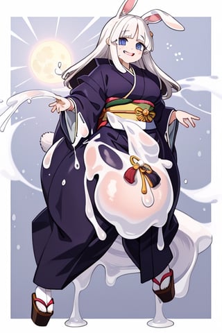 anime illustration of a savage rabbit girl, made of slime. Fat, drooling, and savage. Wears japanese clothes, and seems friendly, but savage. Has rabbit ears and a rabbit tail, and very white skin due to being made of white slime. 

(bunny_ear, monster girl, rabbit_girl, Rabbit_ears,  rabbit_ears)

(kimono, hakama, robes, Japanese_clothes, robes)

(big_hips, wide_hips, Chubby)

(slime, melting, gooey, white_slime, slime_covered,slimecpt)

(white_eyes, clear_eyes, smile, drool, white_hair, white_hair)

(glow, aura, ki, moon)