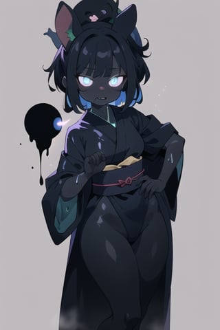 anime illustration of a scary shadow rabbit girl, anime, black_skin, rabbit_ears, glowing_eyes, aura, ki, cream, peach,1girl, robes, gooey, slime_covered, bunny_ear, moon, big_hips, robes, Japanese_clothes, robes, slime