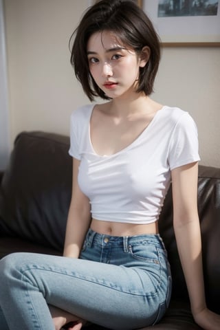 (masterpiece:1.2, best quality), (1lady, solo: 1.5), Tomboy, (full color:1.5), hot body, Clothes: (black t shirt, baggy tee shirt, boxy shirt, vintage lightwash high-waisted loose jeans, braless: 1.5), (Appearance: short hair, brown hair, messy hair, natural makeup, long legs, cute, petite, brown eyes, small breasts, fit, muscular, toned: 1.5), Location: (apartment living room, indoors,) Hobbies: (workout, athletic, music, indie music, art), best_friend, music, shoegaze, SFW, clothed, 25 years old, mid_twenties, adult, asian girl, Tomboy, boyish, masculine, blushing, embarassed