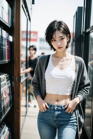 (masterpiece:1.2, best quality), (1lady :1.5), Tomboy, (full color:1.5), Clothes: (loose cardigan, t shirt, vintage lightwash high-waisted loose jeans:1.5), (Appearance: black hair, fit, muscular, abs, short hair, natural makeup, long legs, cute, petite, adult, hot body, brown eyes: small breasts, 25_years_old: 1.5), Location: record_store, music_store, (Hobbies: workout, athletic, music, indie, shoegaze), SFW, mid_twenties, adult, asian girl, boyish, painted_nails, painted finger nails, blue nail polish, Tomboy, best_friend, friend, platonic