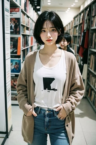 (masterpiece:1.2, best quality), (1lady, solo, standing :1.5), Tomboy, (full color:1.5), Clothes: (loose cardigan, t shirt, vintage lightwash high-waisted loose jeans:1.5), (Appearance: black hair, fit, muscular, short hair, natural makeup, long legs, cute, petite, adult, hot body, brown eyes: small breasts, 25_years_old: 1.5), Location: record_store, music_store, (Hobbies: art, music, indie, shoegaze), SFW, mid_twenties, adult, asian girl, boyish, painted_nails, painted finger nails, blue nail polish, Tomboy
